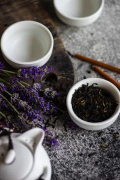Tea set with lavender Stock Photos