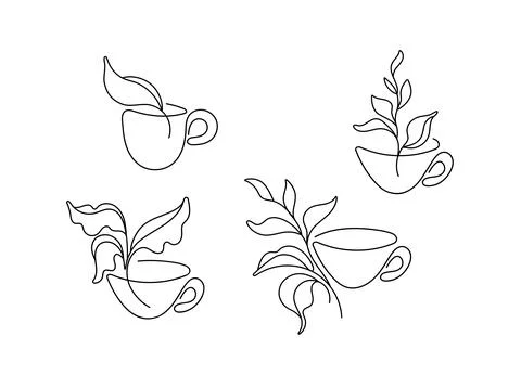 Tea set. Linear abstract symbol. Art leaves, cup Stock Illustration