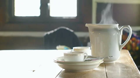 Tea Set in the Mountain Cabin Stock Footage 64996380