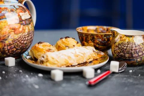 Tea set. Oriental sweets bakery. Top view. Dark background Stock Photos