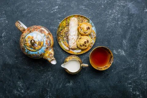 Tea set. Oriental sweets bakery. Top view. Dark background 스톡 사진