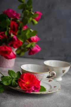 Tea set with red roses Stock Photos