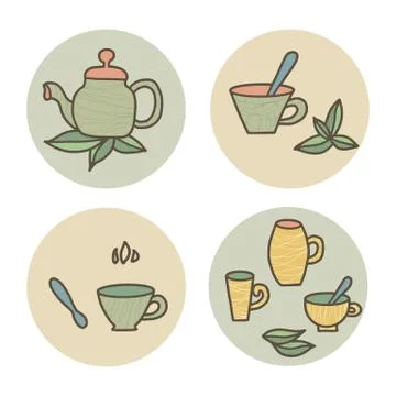 Tea set of round badges. Cups and kettele. Hot beverage stuff. Vector illustr Stock Illustration