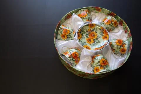 Tea Set In The Round Box. Stock Photos