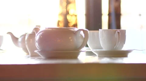 Tea set on a table in a cafe Stock Footage 50280336