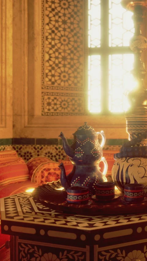 Tea set on table in room with patterned walls and warm sunlight Stock Footage 331441432