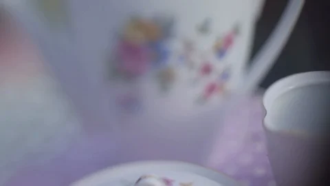 Tea set on the table on the summer table Stock Footage 95293498