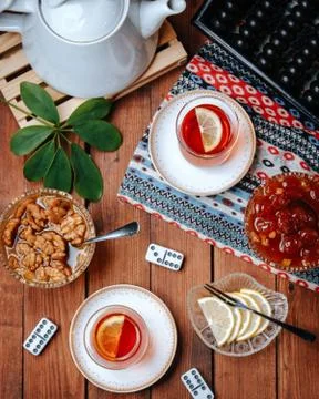 Tea set on the table top view Stock Photos