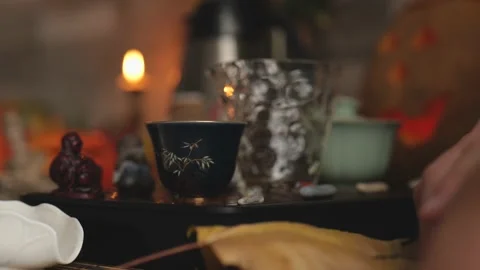 Tea set on a tea board. exquisite Chinese tea ceremony. bird noises Stock Footage 220537016