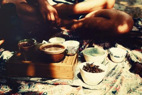 Tea set for tea ceremony. Tea ritual. Stock Photos