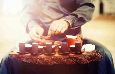 Tea set for tea ceremony. Tea ritual. 스톡 사진