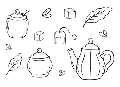 Tea Set with Teapot and Sugar Bowl Hand Drawn Doodle Stock Illustration