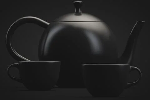A tea set. Teapot and two mugs. Dark style. Foto stock