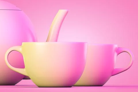 A tea set. Two mugs and a teapot in the background. Pink style. Stock Photos