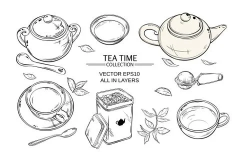 Tea set on white background Stock Illustration