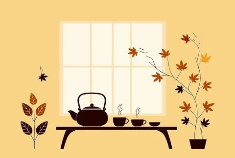 Tea Set by the Window with Autumn Leaves Stock Illustration