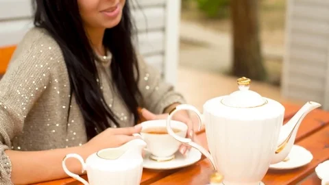 Tea set on a wooden table Stock Footage 72212565