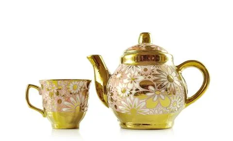 Tea sets close up isolated on white background Stock Photos