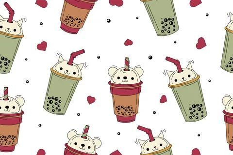 Tea, soft drinks in plastic cups, fashionable dessert, colorful vector Stock Illustration