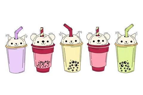 Tea, soft drinks in plastic cups, fashionable dessert, colorful vector Stock Illustration