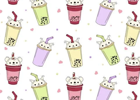 Tea, soft drinks in plastic cups, fashionable dessert, colorful vector Stock Illustration