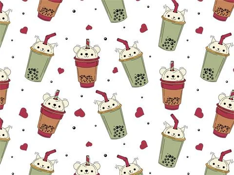 Tea, soft drinks in plastic cups, fashionable dessert, colorful vector Stock Illustration