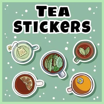 Tea sticker set. Cups of green and herbal tea labels collection. Hand drawn c Stock Illustration