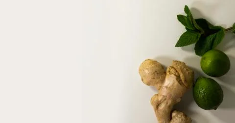 Tea supplement ginger root, peppermint leaves and lime fruit. Copy space. Stock Photos