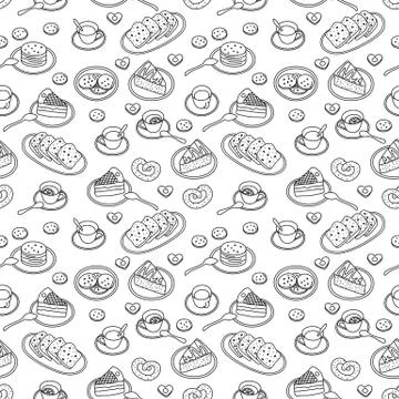 Tea, sweets and  bakery hand drawn pattern Stock Illustration