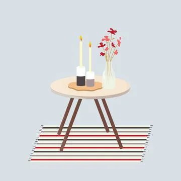 Tea table with candles, vase with flowers and carpet Stock Illustration