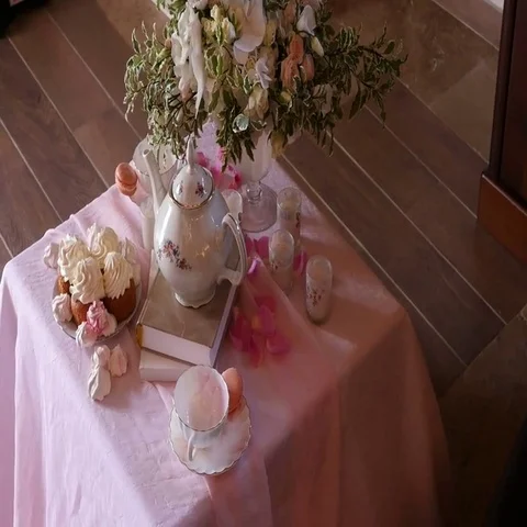 Tea table decorated with flowers Stock Footage 69466626