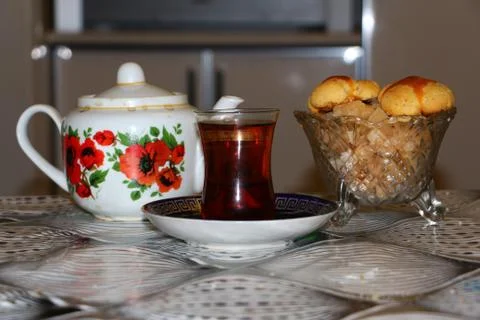 Tea table with eastern sweetness halis Stock Photos