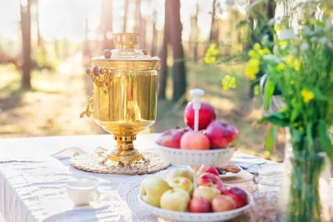 Tea table with samovar outdoors Stock Photos