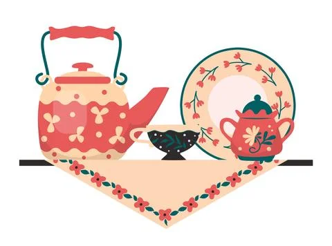 Tea tableware on shelf. Ceramic teapot. Cups with saucers. Kitchen utensil... Stock Illustration