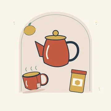 Tea tasting ritual with a pot and honey. Decorative flat vector composition w Stock Illustration