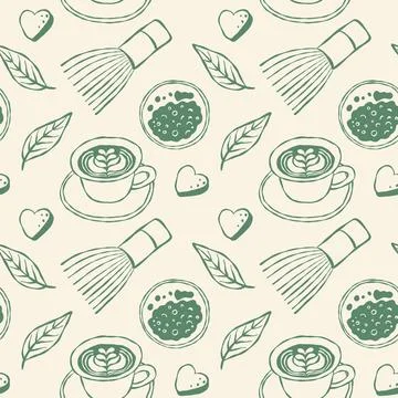 Tea-themed pattern with cups, matcha whisk, leaves, and hearts Stock Illustration