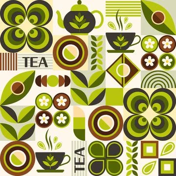 Tea themed pattern with icons in geometric style Stock Illustration