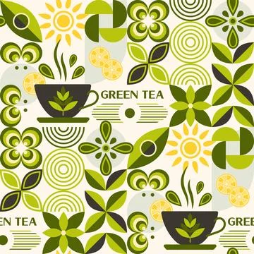 Tea themed pattern with icons in geometric style Stock Illustration