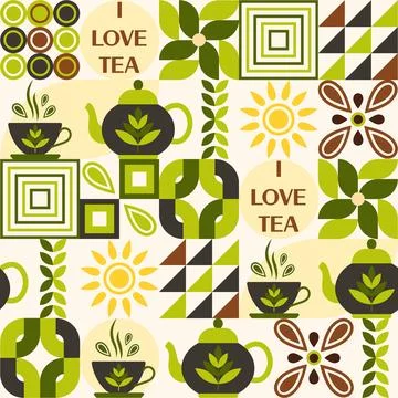 Tea themed pattern with icons in geometric style Stock Illustration