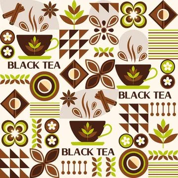 Tea themed pattern with icons in geometric style. Illustrazione stock