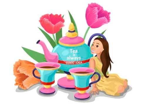 Tea-things, teapot and cups of tea, girl sit at tea ceremony or brunch. Vector Stock Illustration