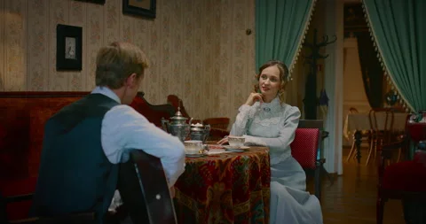 Tea time and romantic date in 19th century, man playing guitar for beautiful Stock-Footage 260194561