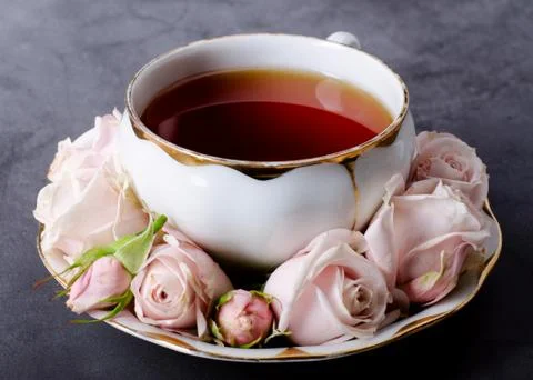 Tea time backdrop with vintage white porcelain tea cup, gentle pink roses on  Stock Photos