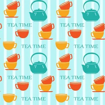 Tea time background with cups and kettle seamless vector pattern Stock Illustration