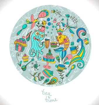 Tea time background, doodle illustration Stock Illustration
