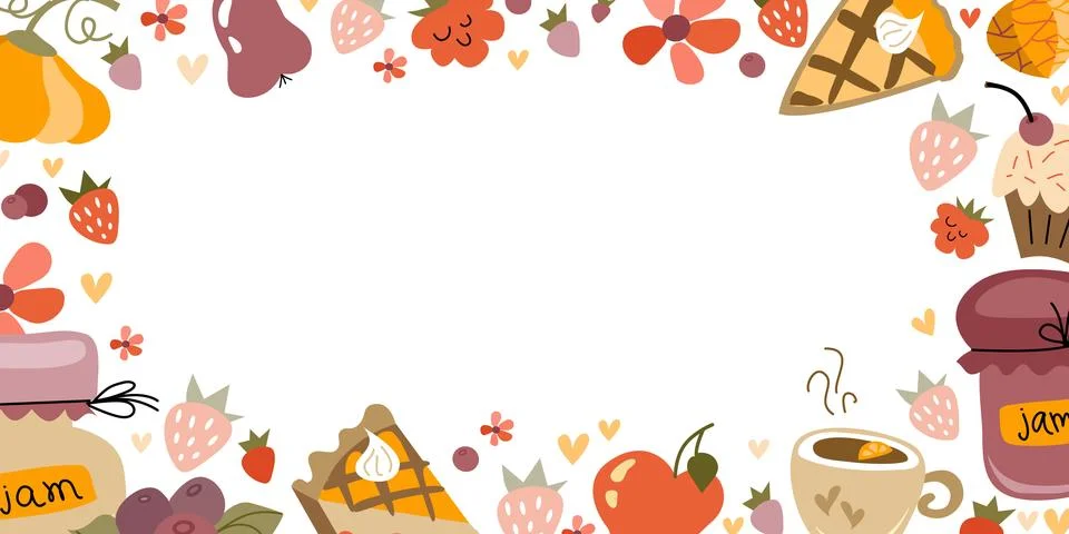 Tea Time background flat. Frame with cakes, glass jar berries jam and tea. Stock Illustration