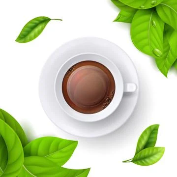 Tea time background template with realistic vector green leaves and top view cup Illustrazione stock