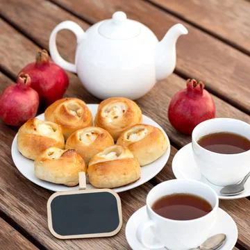 Tea time. Blank area for message or greeting card. Appetizing cheesecakes or Stock Photos