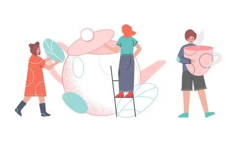 Tea Time Break with Man and Woman Character with Hot Drink in Cup and Huge Stock Illustration