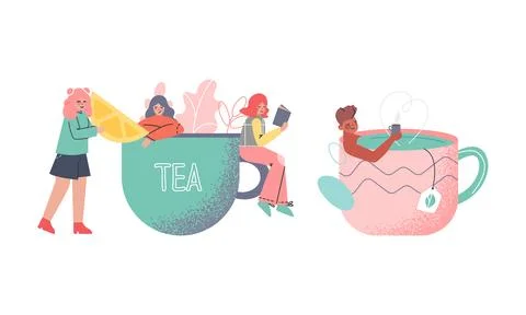 Tea Time Break with Man and Woman Character in Cup with Hot Drink Vector Set Illustrazione stock